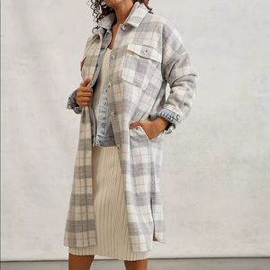Anthropologie Plaid Trench Coat in Gray and Cream